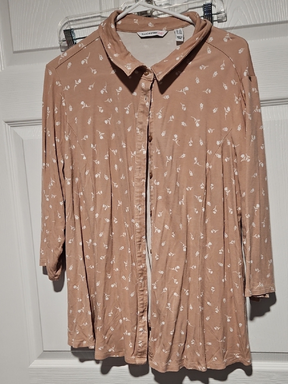 Isaac Mizrahi Live Dusty Rose Button-Down Shirt with White Floral Print